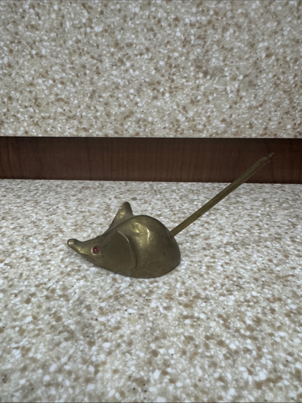 Brass Mouse Paperweight with Red Gem Eyes pointed Tail